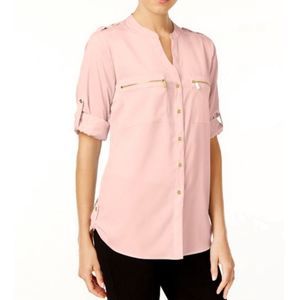Calvin Klein Peachy-Pink Button Front Adjustable Sleeve Blouse Size Medium